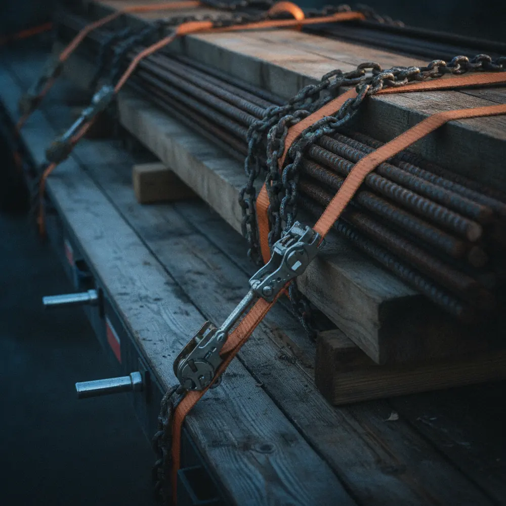 Ratchet straps and chains pulled taut over steel and lumber on a flatbed trailer